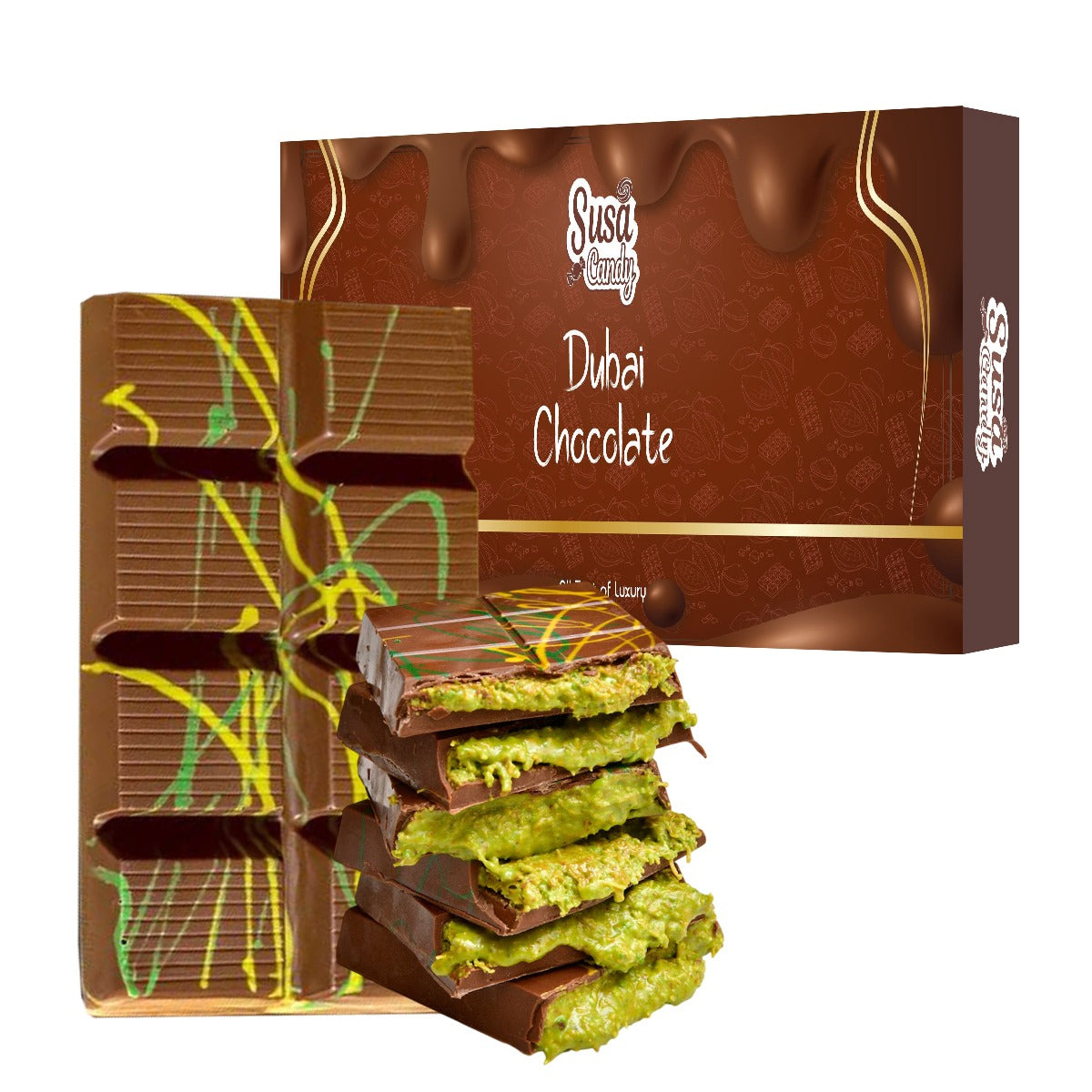 Dubai Chocolate Bar Pistachio, Crunchy Loaded Viral Knafeh Chocolate Bar with Pistachio Cream and Kataifi, 7 oz